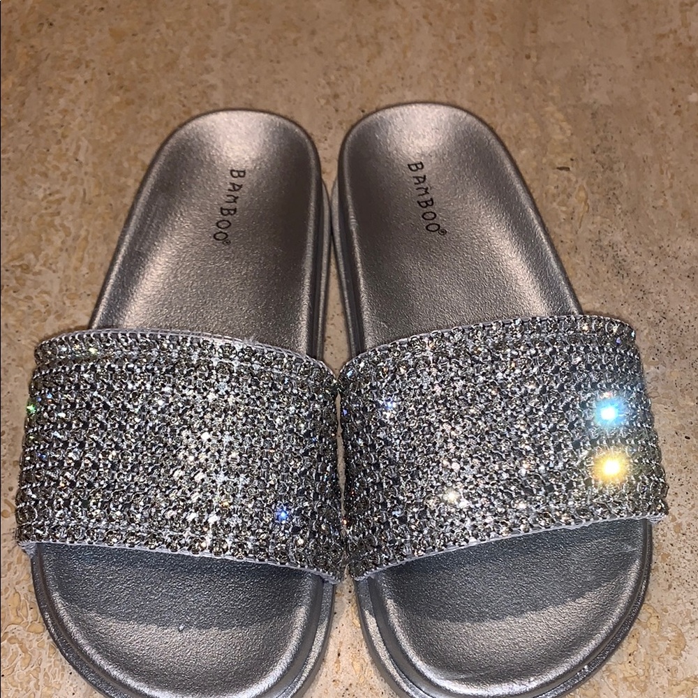 Bamboo Silver Rhinestone Slide Sandals